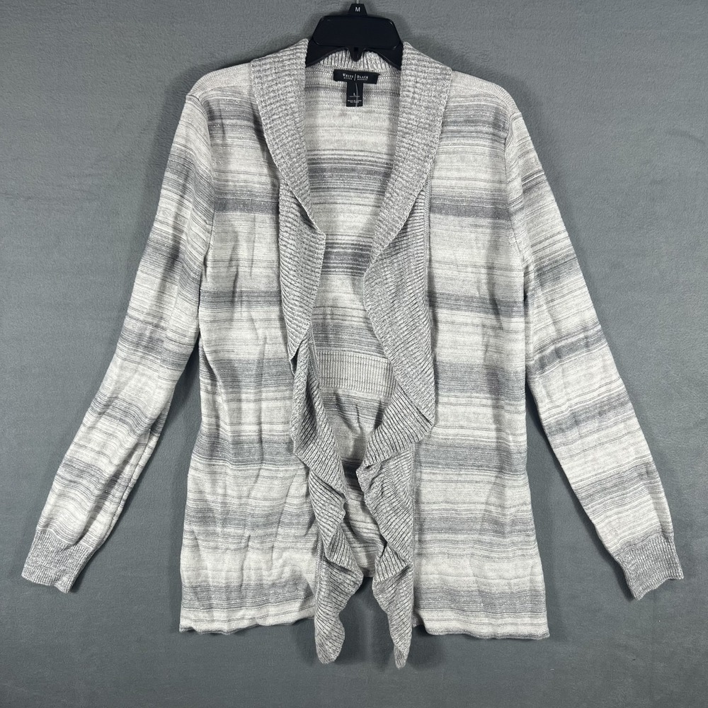 White House Black Market Women's Gray Striped Draped Open Front Cardigan Sweater